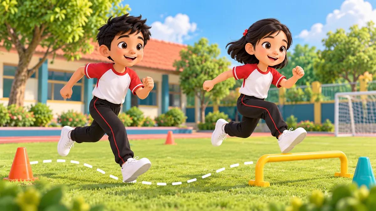 Anak berlari dan melompat menuju tujuan di lapangan