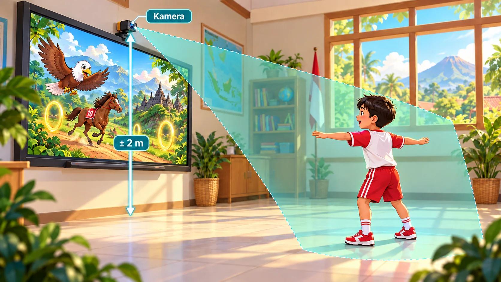 Ilustrasi kamera di atas papan pada tinggi sekitar dua meter, diarahkan ke area anak sehingga kepala hingga kaki terlihat